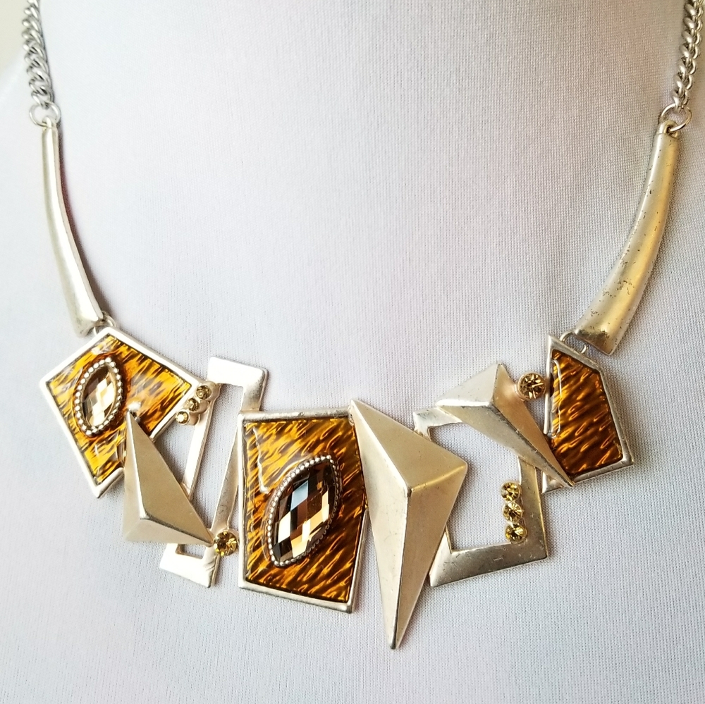 Necklace Funky geometric necklace enamel rhinestone silver modernist